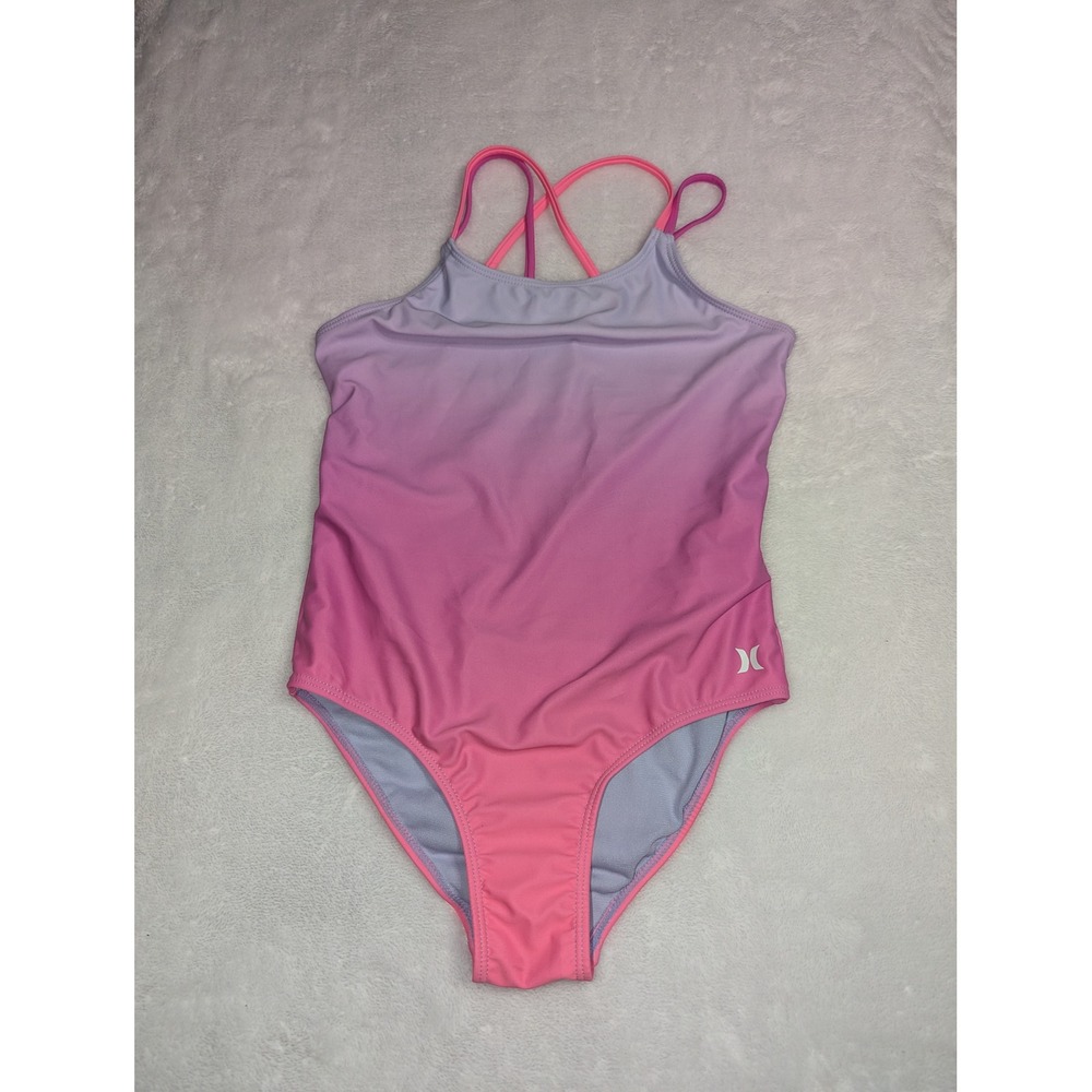 Hurley Girls Ombre One Piece Swimsuit Purple Pink Crossback Size 8 9-10Y